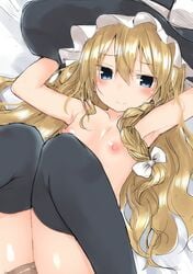 armpits bangs bed_sheet black_legwear blonde_hair blue_eyes blush bow braid eyebrows_visible_through_hair female flat_chest golgi_hon hair_between_eyes hairbow hat highres long_hair lying marisa_kirisame nipples nude on_back penis sex side_braid sidelocks single_braid smile solo_focus straight thighhighs touhou white_bow witch_hat