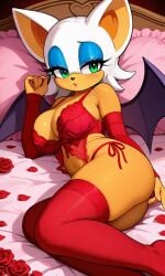 ai_generated bed big_breasts pixai red_armwear red_lingerie red_thighhighs rouge_the_bat sonic_(series) sonic_the_hedgehog_(series) valentine's_day