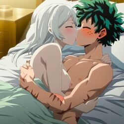 ai_generated anime babe bed bed_covers bed_sheets bedroom big_breasts blushing boy couple_(romantic) crossover crossover_sex dark_green_hair dreson embracing eyes_closed fairy_tail girl hero heroine high_school high_school_student izuku_kiss_lisanna izuku_midoriya kissing lisanna_strauss love making_love manga my_hero_academia nipples novelai nude_female nude_male passionate_kiss pillow scar sex short_hair short_hair_female white_hair witch young