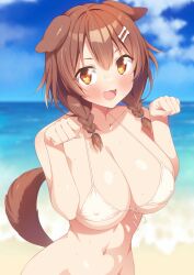 :3 animal_ears bare_shoulders beach bikini bikini_top_only blue_sky blurry blurry_background blush bone_hair_ornament bottomless braid breasts brown_hair cleavage cloud cloudy_sky collarbone commentary covered_nipples day dog_ears dog_girl dog_tail female groin hair_ornament hair_tie hairclip highres hololive huge_breasts inugami_korone kazuma_(kazumav) looking_at_viewer medium_hair navel ocean oerba_yun_fang open_mouth orange_eyes outdoors paw_pose sand sky smile solo stomach swimsuit tail twin_braids twintails virtual_youtuber white_bikini