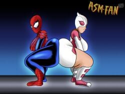 2girls asmfan94 ass ass_focus ass_to_ass big_ass big_breasts boots breasts gwenpool huge_ass marvel marvel_comics mask mayday_parker shorts smile spider-girl spider-man_(series) squatting superheroine thick thick_ass thighs