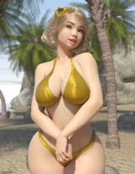 1girls 3d alternate_version_available beach big_breasts big_thighs bikini bikini_bottom bikini_top bob_cut breasts curvy curvy_figure dantesfm female female_only light_skin looking_at_viewer rock smile smiling teeth video_games yellow_hair