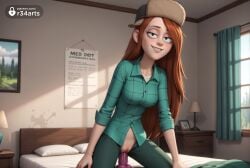 1girls ai_generated bed bedroom biting_own_lip blush breasts brown_hair calendar_(object) clock curtains day dildo dildo_in_pussy dildo_insertion dildo_riding disney disney_channel female female_masturbation freckles fur_hat gravity_falls hat hi_res indoors lamp long_hair masturbation medium_breasts object_insertion on_bed pants pillow plaid plaid_shirt purple_dildo pussy pussy_juice r34arts riding_dildo sex_toy shirt sleeves_rolled_up smile solo squatting_on_dildo uncensored ushanka vaginal_insertion vaginal_masturbation vaginal_object_insertion vaginal_penetration wendy_corduroy window younger_female