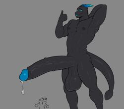 0deeno anthro balls big_balls big_penis black_body blue_glans blue_tongue blush bodily_fluids cum cum_drip deen_(0deeno) dripping duo erection genital_fluids genitals gesture glans glistening glistening_body grey_background hand_gesture hi_res horn huge_balls huge_cock hyper hyper_genitalia hyper_penis male muscular muscular_male nipples nude penis reptile scalie shocked simple_background solo_focus tail thumbs_up tongue