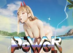 3d 3d_artwork anime beach blender blonde_hair blush chainsaw_man cloud devil horns lens_flare lightning logo looking_at_viewer nipples nude on_knees outside power_(chainsaw_man) puckered_lips revniero3d variant_set wet_skin yellow_eyes