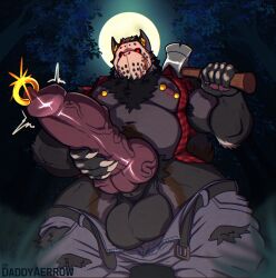 aereous animal_genitalia animal_penis anthro axe balls bara beard belly biceps biped body_hair bottomwear bottomwear_down canine_genitalia canine_penis chest_hair clothed clothing digital_media_(artwork) erection facial_hair facial_piercing forest friday_the_13th_(series) fur genital_piercing genitals hair hairy halloween hi_res hockey_mask holidays jason_voorhees knot knotted_penis looking_at_viewer low-angle_view male mammal mask mature_male multicolored_body multicolored_fur multiple_piercings musclegut muscular muscular_anthro muscular_male night nipple_piercing nipples outside pants pants_down partially_clothed pecs penis penis_piercing piercing plant prince_albert_piercing pubes saggy_balls solo sports_mask sportswear standing thick_thighs tree vein veiny_penis yaoi