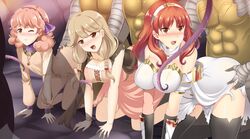 all_fours ass_grab blush brown_hair celica_(fire_emblem) clothed_sex doggy_style erect_nipples faye_(fire_emblem) female fire_emblem fire_emblem_echoes:_shadows_of_valentia fire_emblem_gaiden genny_(fire_emblem) long_tongue pink_hair rape red_hair tears the-sinner tongue torn_clothes