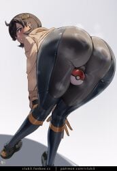 1girls absurdres artist_logo ass bent_over between_thighs black_bodysuit black_gloves black_hair blue_eyes blue_sky blush bodysuit bodysuit_under_clothes breasts brown_jacket cameltoe cloud club3 commentary commentary_request contrapposto dark-skinned_female dark_skin emma_(pokemon) emma_(pokemon_legends:_z-a) fanbox_username female from_behind full_body game_freak gloves grey_background grin hair_ornament highres huge_ass huge_breasts impossible_bodysuit impossible_clothes impossible_leotard jacket leotard logo long_sleeves looking_at_viewer looking_back matiere_(pokemon) matiere_(pokemon_legends:_z-a) nintendo o_hair_ornament open_mouth outdoors paid_reward_available parted_lips patreon_username poke_ball pokemon pokemon_legends:_z-a purple_eyes short_hair sideways_glance simple_background skin_tight sky smile solo standing teeth trefoil underboob upper_teeth_only white_background wide_hips