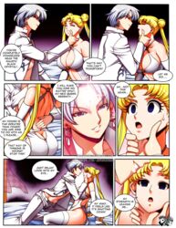 1boy ass bishoujo_senshi_sailor_moon blonde_hair blue_eyes breasts cleavage clothing comic dress female hips jadenkaiba large_breasts mind_control prince_diamond stockings usagi_tsukino