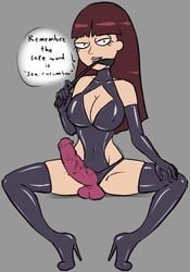 1girls big_breasts bondage_outfit breasts busty cleavage dialogue dildo dominatrix elbow_gloves english_text female female_only femdom femdom_caption gloves high_heel_boots high_heels hourglass_figure imminent_pegging navel nipple_outline rick_and_morty riding_crop safeword solo spread_legs stacy_(rick_and_morty) strap-on thighhighs voluptuous xxxx52