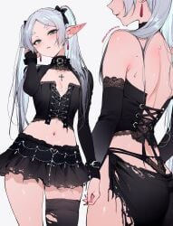 adjusting_hair alternate_costume artist_name ass back blush corset cross detached_sleeves dress earrings elf female fingernails flat_chest frieren goth goth_fashion goth_girl green_eyes grey_background grey_hair heart_ornament highres jewelry lipstick makeup necklace pointy_ears qiandaiyiyu sharp_fingernails skirt smile sousou_no_frieren sweat torn_clothes twintails