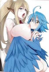 2girls ahe_gao ass bottomless breast_sucking breastfeeding breasts centaur centorea_shianus clothing female female_only harpy highres monster_girl monster_musume_no_iru_nichijou multiple_girls papi_(monster_musume) tamagoro tamagoroo_(funifuni_labo) taur yuri