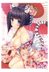 absurdres animal_ears artist_name bangs bare_shoulders black_hair blue_eyes blush bow breasts breasts_out closed_mouth eyebrows_visible_through_hair female floral_print flower hair_flower hair_ornament hairbow highres japanese_clothes kanzashi kimono large_breasts long_hair looking_at_viewer nipples obi off_shoulder oriental_umbrella page_33 page_number sash sayori scan shiny shiny_skin sitting slit_pupils smile solo tail tiger_ears tiger_tail toranoana tsumami_kanzashi umbrella