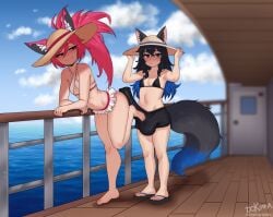 2girls aloisa animal_ears animal_penis barefoot bikini black_bikini black_hair blush boat bulge closed_mouth dokima ears_through_headwear erection erection_under_clothes flat_chest flip-flops footjob_over_clothes fox_ears fox_girl fox_tail frilled_bikini frills full_body hat highres horse_penis long_hair looking_at_another looking_at_viewer multiple_girls naughty_face navel ocean original penis pink_hair ponytail red_eyes sandals smile soles standing standing_on_one_leg stomach straw_hat sun_hat swimsuit tail toes watercraft white_bikini