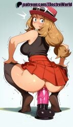 1girls 2025 ^^^ ai_generated anal anal_object_insertion artist_name ass blue_eyes blush dildo dildo_riding electroworld english_text eyewear_on_head female hair_tie hat hi_res high_quality high_resolution highres long_hair male motion_lines object_insertion patreon patreon_username penis pleated_skirt pokemon pussy pussy_juice red_skirt rolling_eyes serena_(pokemon) sex_toy skirt squatting stable_diffusion sunglasses thighhighs tied_hair trembling twitching twitching_penis vaginal_penetration vibrator watermark