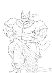 2017 abs anthro armlets belly biceps blazingblazen bulge champa clothing digital_media_(artwork) dragon_ball dragon_ball_super ear_piercing feline flaccid hi_res horny_(disambiguation) hyper hyper_penis invalid_tag male male_only mammal monochrome musclegut muscular muscular_male nipples pecs penis piercing sketch smile solo standing vein veiny_penis