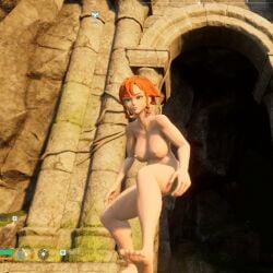 3d 3d_animation animated ass big_breasts breasts crouching crouching_female curvy_female female gameplay gif giggle green_eyes hairy_pussy hi_res indie_game loop naked naked_female nude_mod orange_hair outside pal_tamer palworld pocketpair ponytail pussy solo_female solo_focus sunset tagme