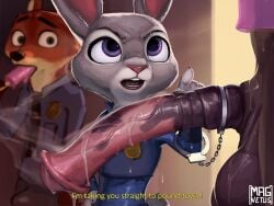 animal_genitalia animal_penis anthro balls bodily_fluids bottomless bottomless_anthro bottomless_male bottomwear buckteeth bulge canid canine clothed clothing cuff_(restraint) dialogue digital_media_(artwork) disney dripping english_text equine_genitalia equine_penis erection erection_under_clothing european_rabbit female food fox fur genital_fluids genitals grey_body group half-erect handcuffs handcuffs_on_penis hi_res judy_hopps lagomorph leaking_precum leporid magnetus male male/female mammal metal_cuffs necktie nick_wilde open_mouth oryctolagus pants penis police police_badge police_uniform popsicle popsicle_in_mouth precum precum_drip precum_on_balls precum_on_penis precum_string rabbit red_fox restraints size_difference standing teeth text topwear trio true_fox uniform zootopia