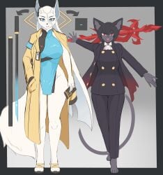 2girls 5_fingers anthro anthro_only badge biped black_body black_leather blue_eyes bow canid canine canis cloth clothed clothed_anthro clothed_female clothing cube domestic_cat duo eyelashes eyes fangs felid feline felis female female_anthro female_only fingers front_view full-length_portrait fully_clothed fully_clothed_anthro fully_clothed_female fur furry furry_ears furry_female furry_only gold_jewelry hair headset inner_ear_fluff jackal jewelry long_hair mammal mature_anthro mature_female ratxiao red_eyes revealing_clothing robe short_hair spear standing sword teeth thick_hips thick_legs thick_thighs topwear tuft voluptuous_female weapon white_body white_fur white_skin wide_hips