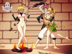 1boy 2girls areolae blonde_hair brown_eyes dimaria_yesta fairy_tail female full_body harem_outfit ilustretsspoks large_breasts lucy_heartfilia motion_lines natsu_dragneel nipples nude pink_hair pussy scarf standing stripping uncensored undressing