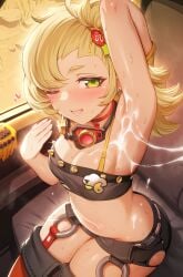 arm_behind_head armpit_focus armpits bare_shoulders blonde_hair blush breasts camisole choker commentary_request crop_top cum cum_on_armpits cum_on_body female goggles goggles_around_neck green_eyes hair_bun hair_ornament highres long_hair looking_at_viewer m-da_s-tarou midriff navel o-ring one_eye_closed open_mouth piper_wheel shorts sitting small_breasts smile solo sweat thighhighs thighs zenless_zone_zero