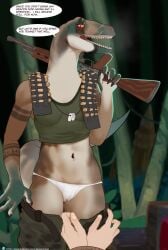 anthro bodily_fluids bottomwear bottomwear_down breasts brown_body brown_scales bullet camel_toe camo camo_bottomwear camo_clothing camo_pants camo_print clothed clothing crop_top dialogue dinosaur disembodied_hand dominant dominant_female dromaeosaurid duo eye_scar facial_scar female female_focus first_person_view genital_fluids genital_outline gloves hand_wraps handwear hi_res holding_assault_rifle long_neck midriff non-mammal_breasts panties pants pants_down partially_clothed pattern_bottomwear pattern_clothing pattern_pants prehistoric_species pussy quangdoann reptile saurischian scales scalie scar shirt solo_focus speech_bubble theropod topwear underwear undressing vaginal_fluids vaginal_fluids_through_clothing velociraptor vulva_outline wet wet_clothing wraps