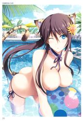 absurdres animal_ears ball bikini black_hair blue_eyes blush breasts chair day female flower hair_flower hair_ornament highres large_breasts leaning_forward long_hair looking_at_viewer nipples omega_2-d one_eye_closed open_mouth ponytail pool side-tie_bikini sidelocks sky smile solo swimsuit tail tiger_ears tiger_tail topless toranoana