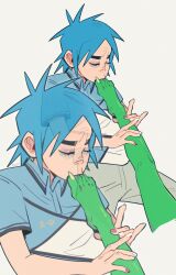 2d_(gorillaz) blue_hair eyelashes faceless_character faceless_male feet fully_clothed gorillaz green_skin green_skinned_male humor legs light-skinned_male light_skin long_nails male male/male male_focus male_only meme meme_reference murdoc_niccals nails questionable sucking_feet suggestive toenails toes touching_leg
