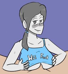 1boy 1girls big_breasts female male outercourse paizuri sg-80 sweat wii_fit wii_fit_trainer wii_fit_trainer_(female)