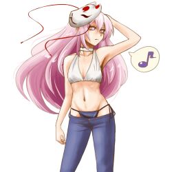 1girls aged_up alternate_costume arm_at_side armpits bad_id bad_pixiv_id bare_shoulders bikini bikini_jeans bikini_top_only breasts built-in_thong cleavage commentary_request crop_top denim eighth_note expressionless female female_focus fox_mask hand_on_own_head hata_no_kokoro jeans long_hair looking_away lowleg lowleg_pants mask midriff mizu_manjuu musical_note navel panties pants pink_eyes pink_hair quaver side-tie_panties simple_background small_breasts solo speech_bubble spoken_musical_note swimsuit touhou underwear very_long_hair white_background white_bikini