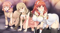 all_fours blush brown_hair celica_(fire_emblem) erect_nipples faye_(fire_emblem) female fire_emblem fire_emblem_echoes:_shadows_of_valentia fire_emblem_gaiden genny_(fire_emblem) pink_hair red_hair tears the-sinner torn_clothes