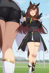 ai_generated ass blush breasts confetti duramente_(umamusume) female legs looking_at_viewer racetrack sfw smile standing thighs umamusume umamusume_pretty_derby wixarena