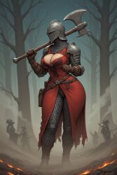 ai_generated armored_female axe big_breasts big_hips big_thighs breasts buckshotai chivalry_2 cleavage faceless_character faceless_female female female_focus female_knight female_only forest helmet mason_order standing