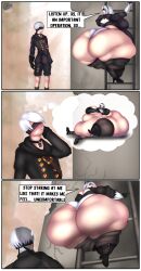1boy 1girls ass ass_bigger_than_head bbw blush breasts breasts_bigger_than_head climbing climbing_ladder clothed_male clothing english_text fat female huge_ass huge_breasts hyper_ass hyper_belly ladder light-skinned_female light-skinned_male light_skin male moonsler nier nier:_automata obese short_hair ssbbw text thighhighs white_hair yorha_2b yorha_9s