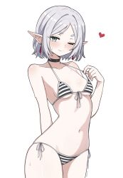 absurdres alternate_costume alternate_hair_length alternate_hairstyle bikini bikini_top_pull black_choker blue_choker blush breasts choker closed_mouth commentary cowboy_shot earrings elf english_commentary female frieren green_eyes grey_hair highres jewelry looking_at_viewer one_eye_closed pointy_ears pulling_own_clothes short_eyebrows short_hair side-tie_bikini_bottom simple_background small_breasts smile solo sousou_no_frieren striped_bikini striped_clothes suoniko sweat swimsuit teardrop_earrings thick_eyebrows thighs white_background