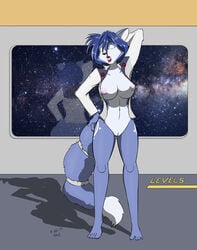 2017 anthro blue_fur bottomless breasts canine closed_eyes clothed clothing female fox fur krystal krystal_appreciation_month mammal navel nintendo nipples open_mouth open_shirt pussy sailoranna solo star_fox stretching tongue tongue_out video_games