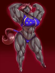 animal_ears anthro armpits biceps big_muscles blue_eyes breasts brown_hair extreme_muscles female female_only freckles furry glasses grey_skin hooves horn horse large_breasts looking_at_viewer muscles muscular muscular_female solo tail thick_thighs thighs thong unicorn unicorn_horn vondran