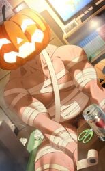 1boy bandage bandaged_arm bandaged_chest bandaged_leg bara beefy biceps bookshelf bottomless clock collarbone convenient_censoring digital_clock drink_can dutch_angle gay glowing halloween halloween_costume halloween_pumpkin hi_res indoors jack-o'-lantern laugh legs_apart looking_at_viewer male male_only mature_male muscles muscular muscular_arms muscular_legs muscular_male muscular_neck muscular_thighs original original_character oro9 pecs penis penis_peek practically_nude pubic_hair quadriceps scissors shadow sitting solo sweat sweatdrop tissue triceps tv used_tissue veiny_penis yaoi