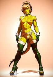 1boy 3d_render 4k ai_assisted ai_generated anthro choker cute_face full_body_view ganassa garter_belt green_skin hair_bangs headphones highres lunafreya_nox_fleuret photorealistic realistic tail tied_hair topless vector_the_crocodile white_cuffs