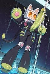 1futa ai ai_generated alien alien_futa anthro barbed_penis big_penis blush bodily_fluids clothing domestic_cat erection eyebrows eyelashes felid feline felis full_body_suit futa_only futanari genitals green_clothing hi_res huge_cock hyper hyper_genitalia hyper_penis intersex machine oban_star-racers object_head para-dice penis pupils robot screen screen_face screen_head slit_pupils solo solo_futa spiked_penis television television_screen tv tv_face tv_head tv_screen tv_woman tvwoman vein veiny_penis white_fur wide_hips yellow_sclera