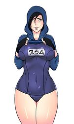 1girls asian_female black_hair campi curvy female gloves hibana_(rainbow_six) hood hoodie japanese japanese_text lifting_shirt one-piece_swimsuit rainbow_six rainbow_six_siege shiny_skin smiling_at_viewer swimsuit tagme thick_thighs tom_clancy white_background