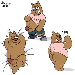 2017 anthro ass balls bear belly blush brandon_(ok_k.o.!_let's_be_heroes) chubby clothed clothing dialogue digital_media_(artwork) english_text erection fur hi_res humanoid_penis inviting looking_at_viewer looking_back mabit male male_only mammal nude ok_k.o.!_let's_be_heroes penis simple_background smile solo text white_background