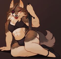 abs anthro bra breasts bulge dickgirl eye_patch furry intersex korosuke556 lingerie lipstick looking_at_viewer looking_back muscles muscular_futanari navel red_eyes scar shoes solo sword tail thong toned weapon wolf wolf_ears