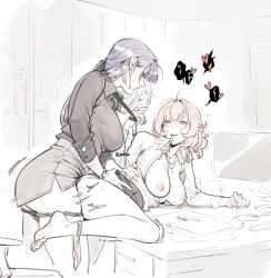 ass barefoot big_ass black_panties blue_eyes breast_size_difference breasts breasts_out clothed_sex desk earrings elf elysia_(honkai_impact) feet female futa_with_female futanari grey_skirt highres holding holding_id_card honkai_(series) honkai_impact_3rd id_card intersex jewelry kiss_mark kiss_mark_on_face kiss_mark_on_neck lanyard large_breasts long_hair maiqo monitor necklace nipples office_lady on_desk open_clothes open_shirt panties panties_around_one_leg panties_down panty_pull pencil_skirt pink_hair pink_panties pointy_ears raiden_mei shirt short_hair skirt soles toes twitter_username underwear very_long_hair visible_breath white_shirt