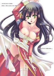 1boy 2000s_(style) back_bow black_hair blush bow breasts censored commentary dated dress english_commentary english_text female foot_out_of_frame garter_straps green_eyes high_priest_(ragnarok_online) izumishibo juliet_sleeves large_breasts long_hair long_sleeves looking_at_viewer male nipples no_bra open_mouth panties panties_around_one_leg penis puffy_sleeves purple_panties pussy ragnarok_online red_dress sash sex solo_focus straight thighhighs underwear vaginal_penetration web_address white_background white_bow white_sash white_thighhighs