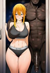 1boy 1girls ai ai_generated arms_at_sides balls blacked blacked_clothing blonde_hair blue_eyes blush breasts cheating clothing dark-skinned_male dark_skin doorway embarrassed female from_front goddess_of_victory:_nikke groping groping_breasts huge_balls huge_breasts huge_cock huge_testicles implied_netorare implied_sex interracial kiss_mark kiss_marks_on_penis long_hair male maxwell_(nikke) netorare night nikke ntr penis shikicum69 short_hair side_by_side steamy testicles thick_thighs toned toned_female wide_hips