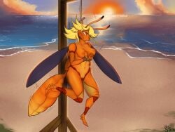 antennae_(anatomy) anthro areola arthropod asphyxiation beach bondage bound breasts detailed_background digital_media_(artwork) execution feet female fingers genitals hair hands_tied hanged hymenopteran imminent_death insect_wings insects mrs._stein navel noose nude outdoor_nudity outside pussy restraints rope rope_bondage sand seaside sky snuff solo sunset tail teeth vulva wasp water wings