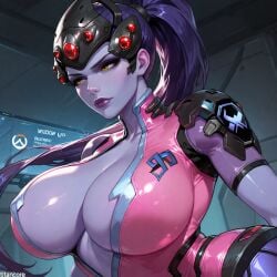 (titancore) adult ai_generated curvy_figure female girl headgear hot_body huge_breasts long_hair overwatch ponytail purple_hair purple_lips purple_skin sexy_body skinsuit video_game_character widowmaker