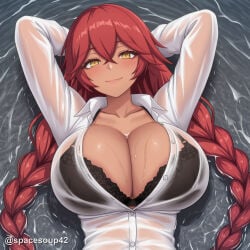 1girl ai_generated arms_behind_head black_bra blush bra braid breasts cleavage closed_mouth collarbone collared_shirt dark-skinned_female dark_skin hair_between_eyes huge_breasts long_hair long_sleeves looking_at_viewer lupusregina_beta lying on_back overlord_(maruyama) partially_unbuttoned red_hair see-through shirt smile solo twin_braids underwear upper_body water wet wet_clothes wet_shirt white_shirt yellow_eyes