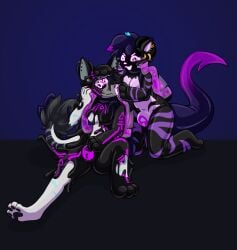 absurd_res anthro canid canine canis captaincronus clothing corruption drone dronesuit dronification duo evil_grin felid feline female female/female gg_(ggthekitty) goo_transformation hand_on_bulge hand_on_head hi_res horn horn_jewelry hybrid hypnotic_gas jewelry latex latex_clothing latex_skinsuit liquid_latex mammal mind_control night_stalker_(xangelicart) null_bulge pheromones piercing purple_body skinsuit slime smile tail tight_clothing transformation visor wolf